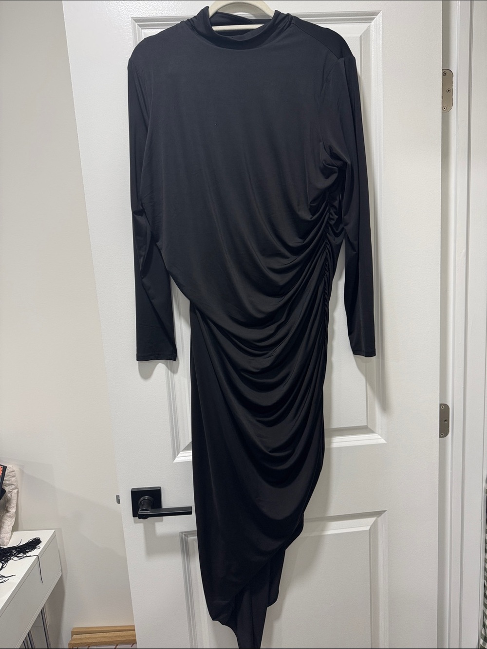Express Black Asymmetric Ruched Long-Sleeve Dress